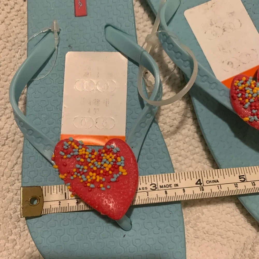 Blue Flip Flops with Red Heart Accents